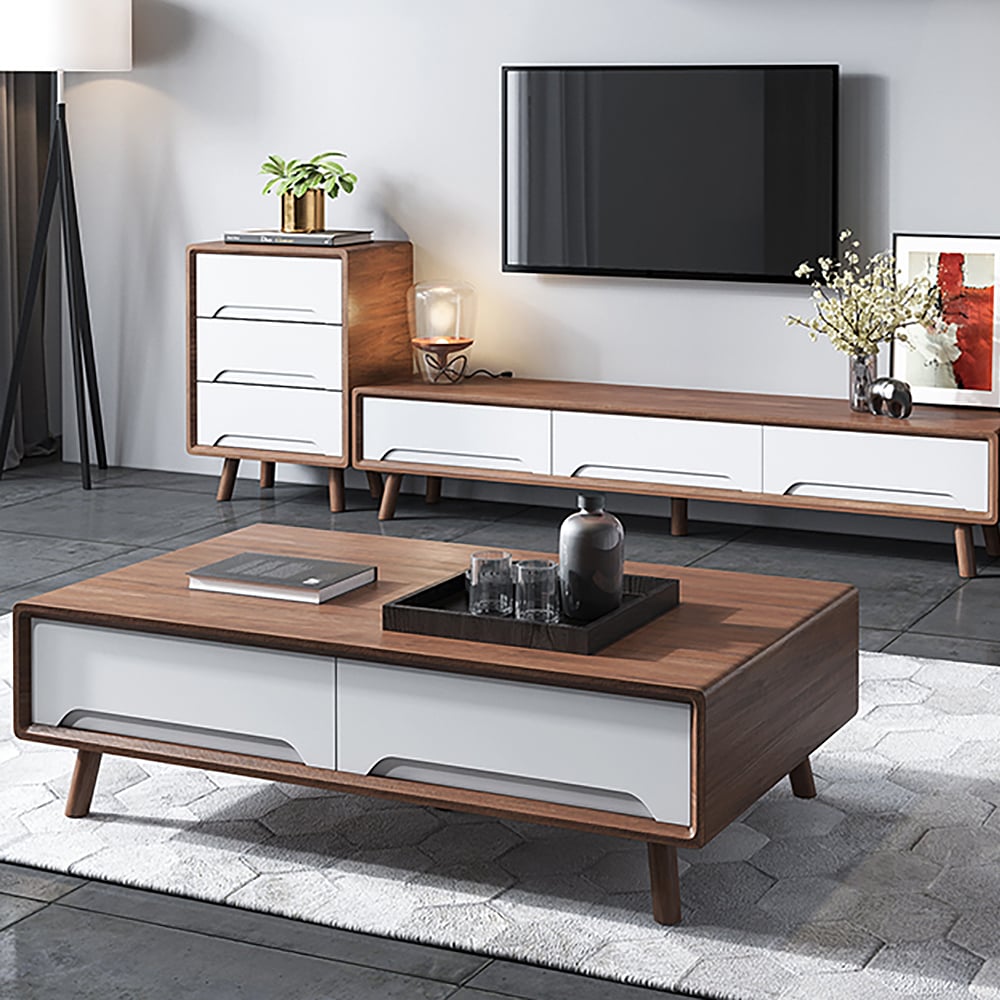 Witte moderne salontafel met laden in eikenhout Vensterafbeelding