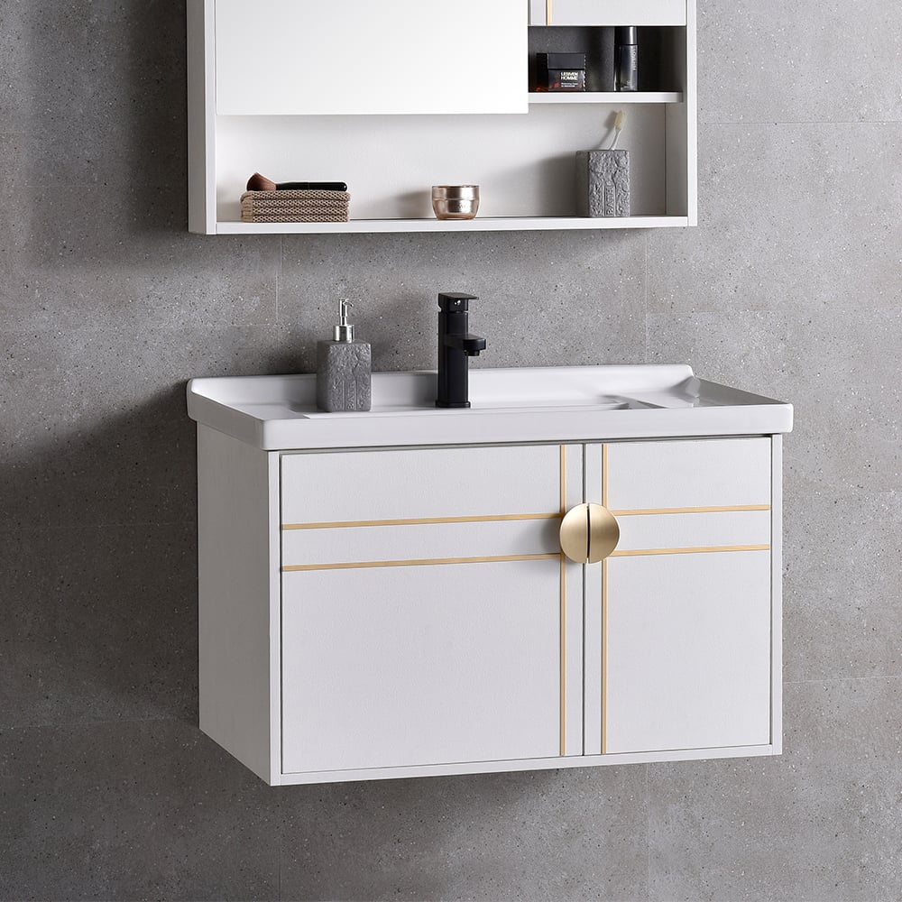White Floating Bathroom Vanity Wall Mounted 31" Ceramic Single Sink with 2-Door window image