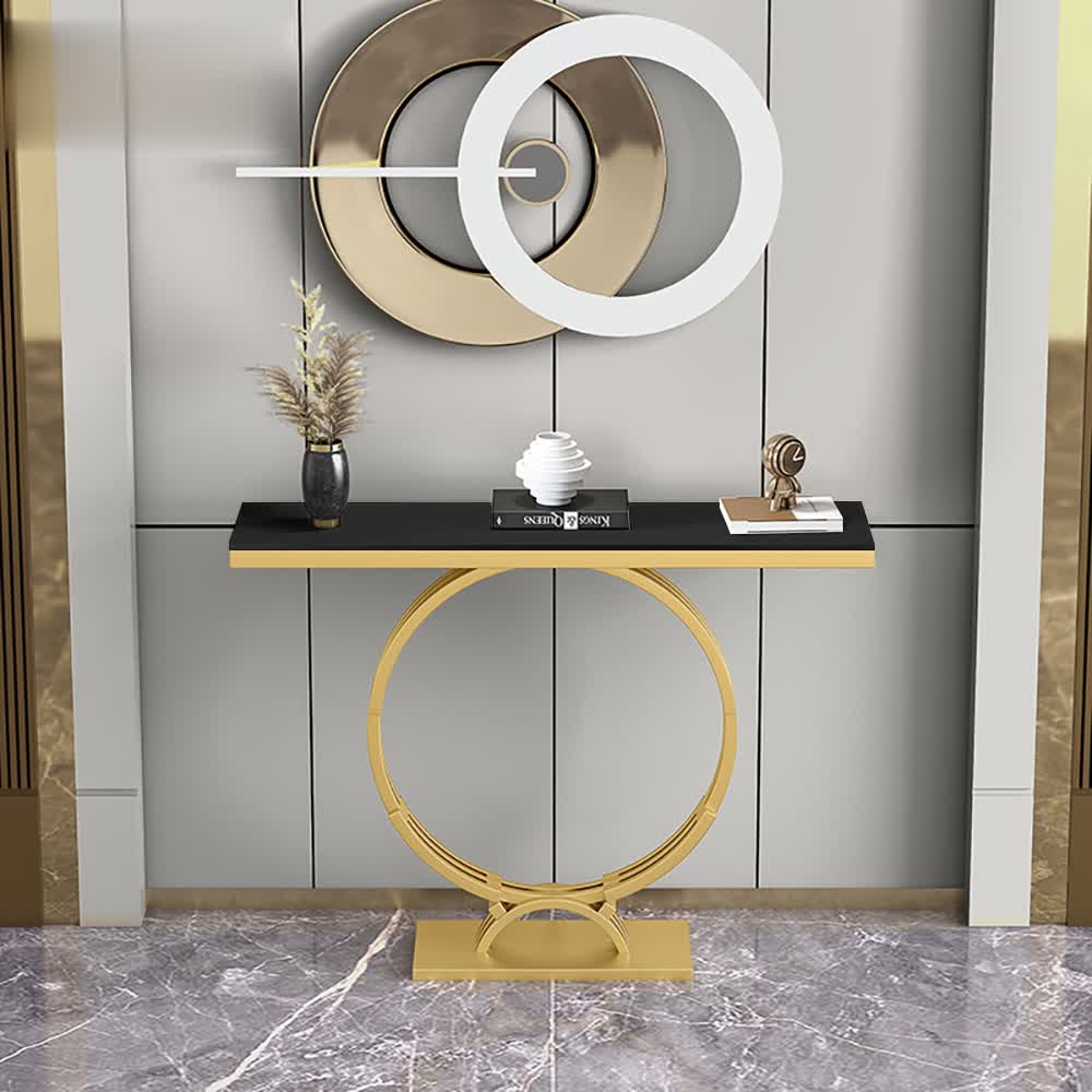 Modern Wood Console Table Metal Trestle in Black window image