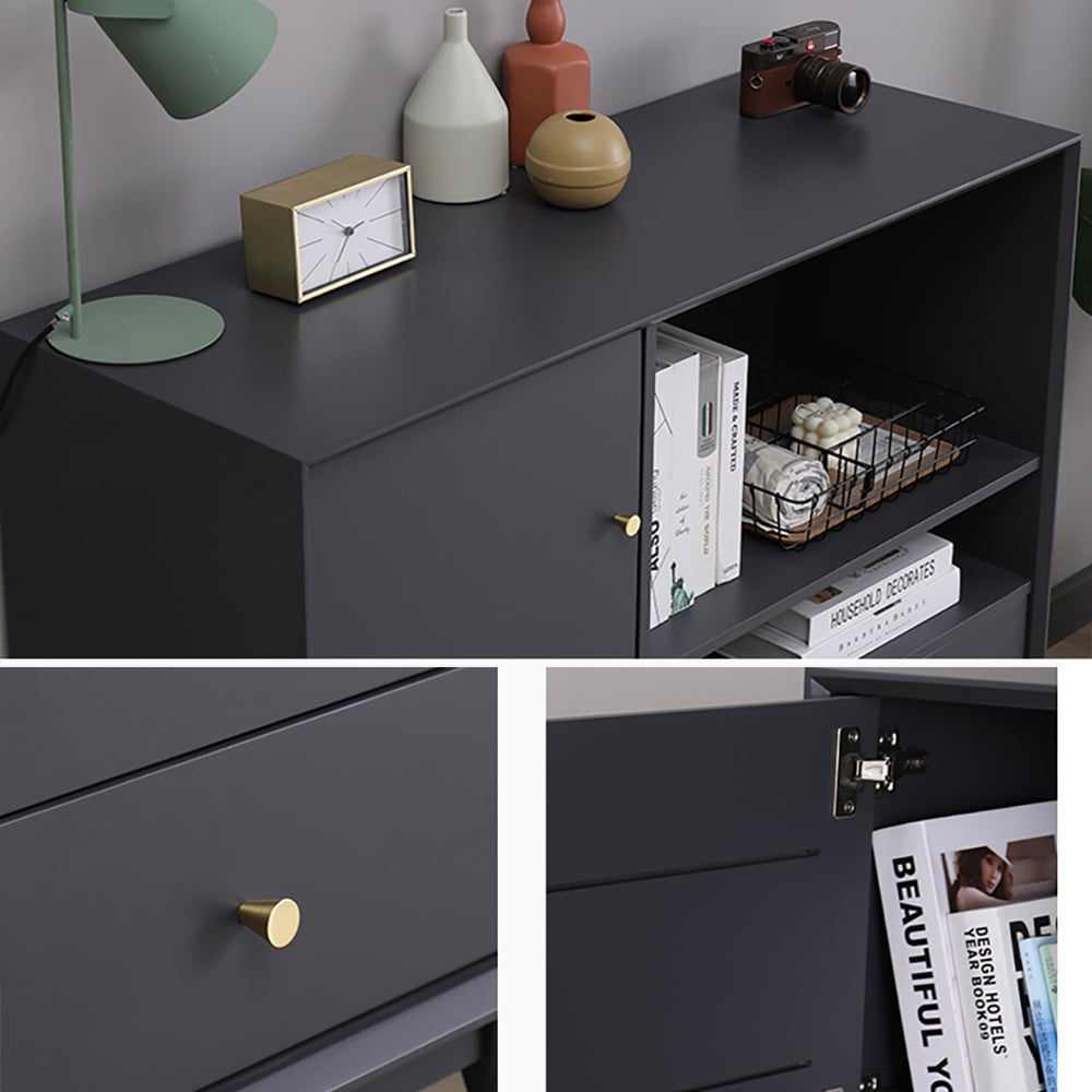 Modern Minimalist Gray Cabinet with Door & Drawers & Shelves in Large window image