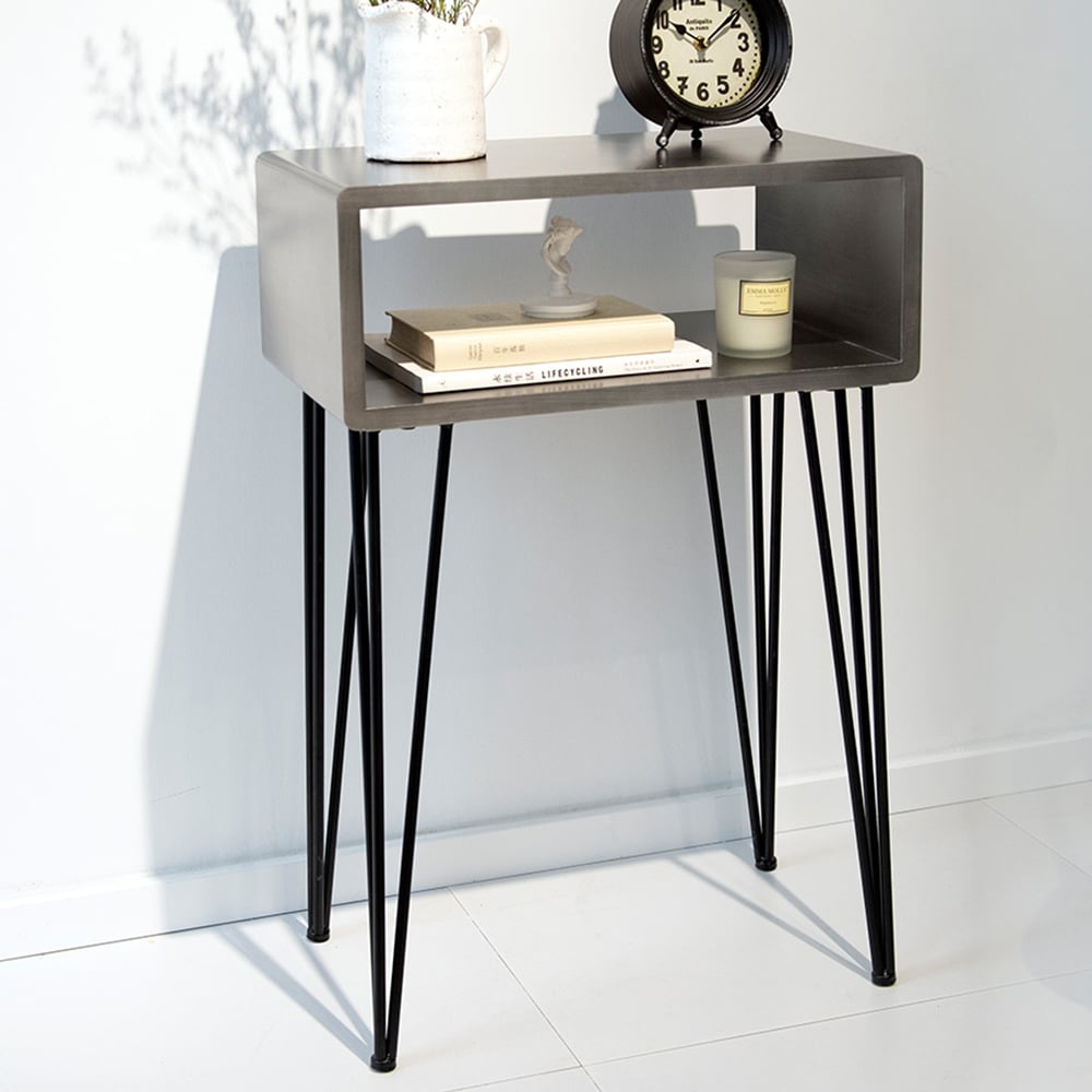 Modern Gray End Table with Storage in MDF & Metal window image