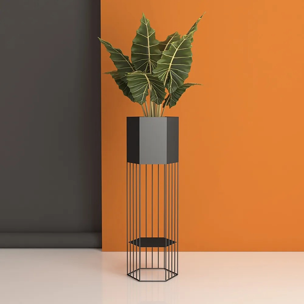 Black Large 1-Piece Hexagonal Flower Planter Stand for Living Room Metal Wire Base window image