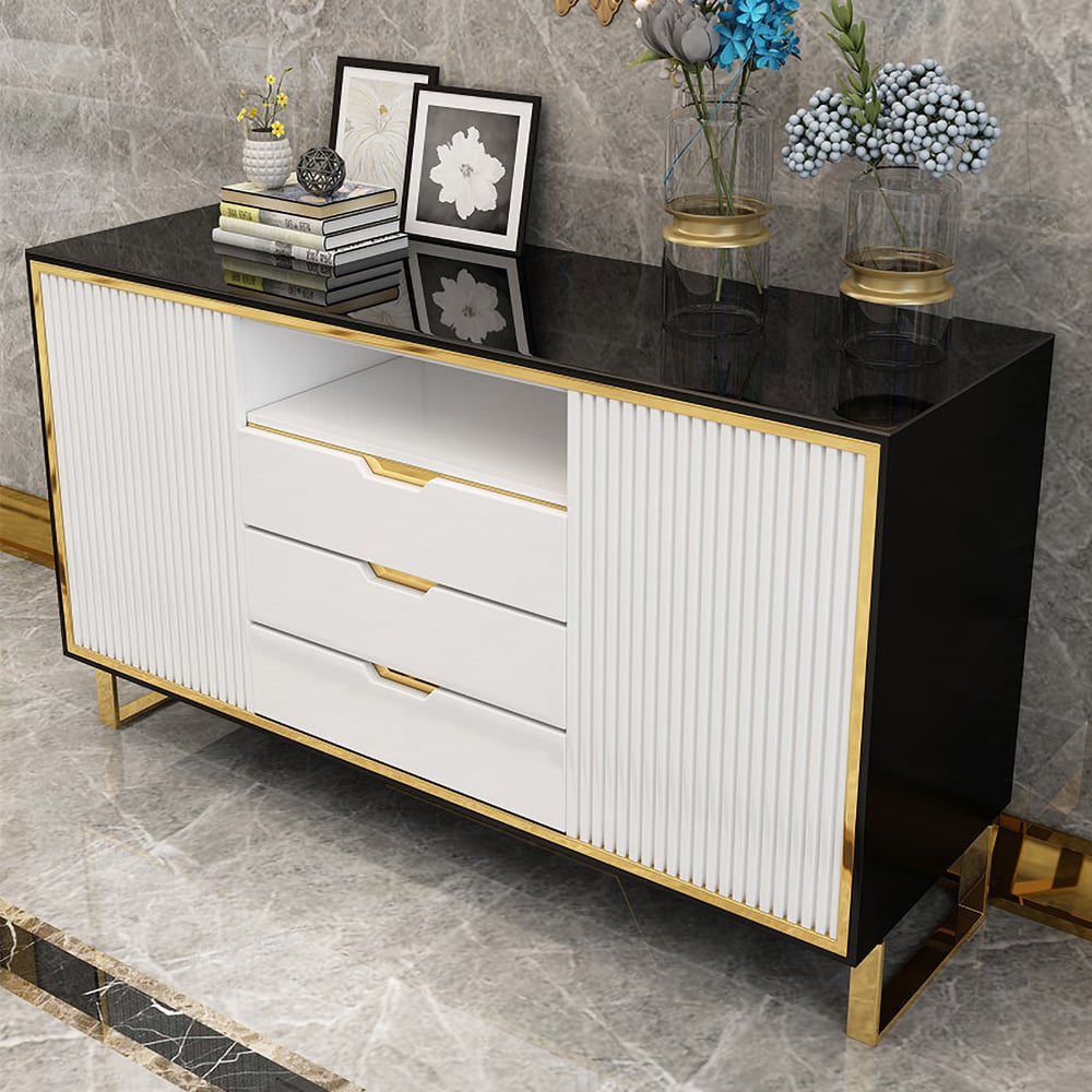 Wit en zwart dressoir Modern buffetdressoirkast 2 deuren en 3 laden in groot Vensterafbeelding