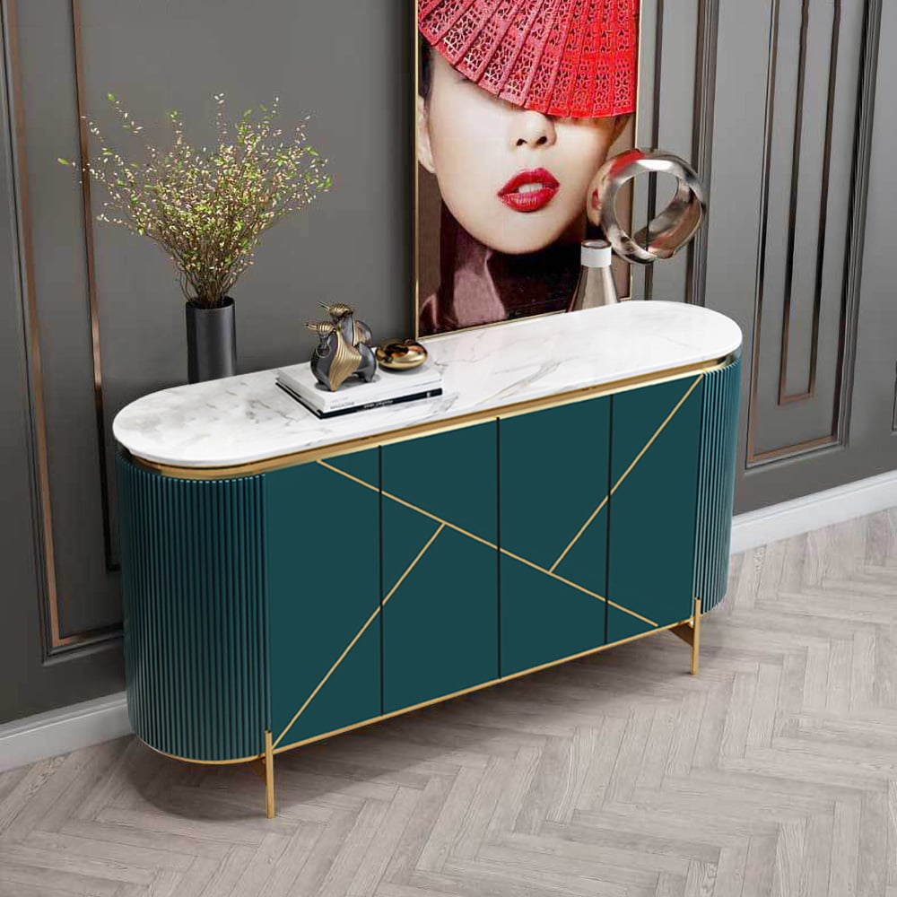 59" Modern Green Sideboard Buffet Faux Marble Top with 4 Doors 2 Shelves in Gold window image