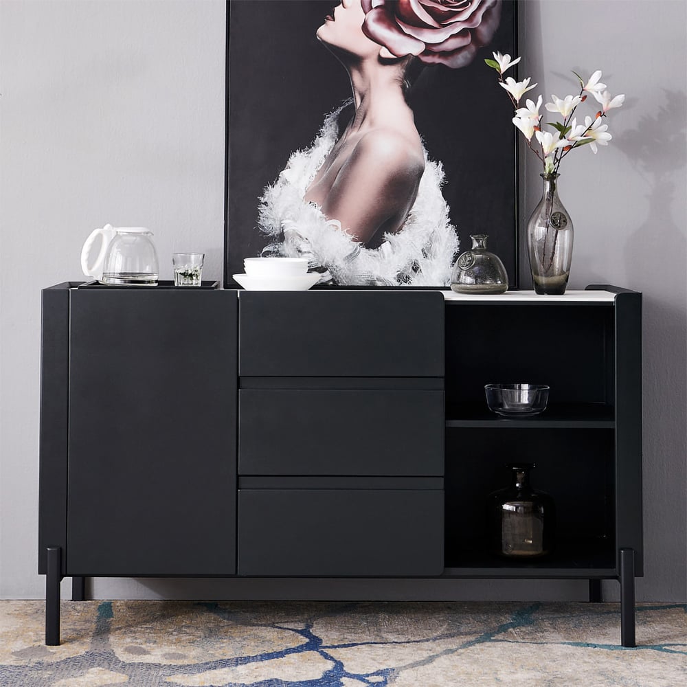 Black Modern Buffet Table Sintered Stone Sideboard Cabinet with Door & Drawers & Shelves window image