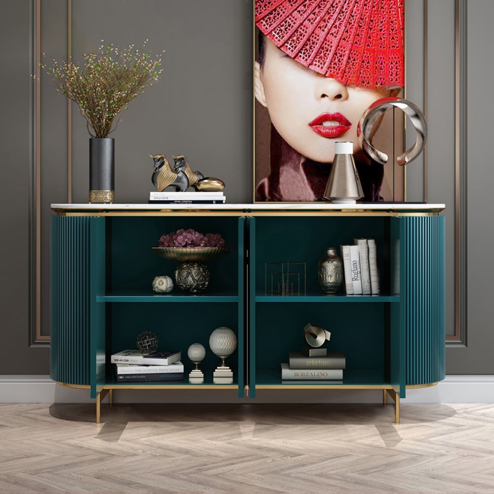 59" Modern Green Sideboard Buffet Faux Marble Top with 4 Doors 2 Shelves in Gold window image