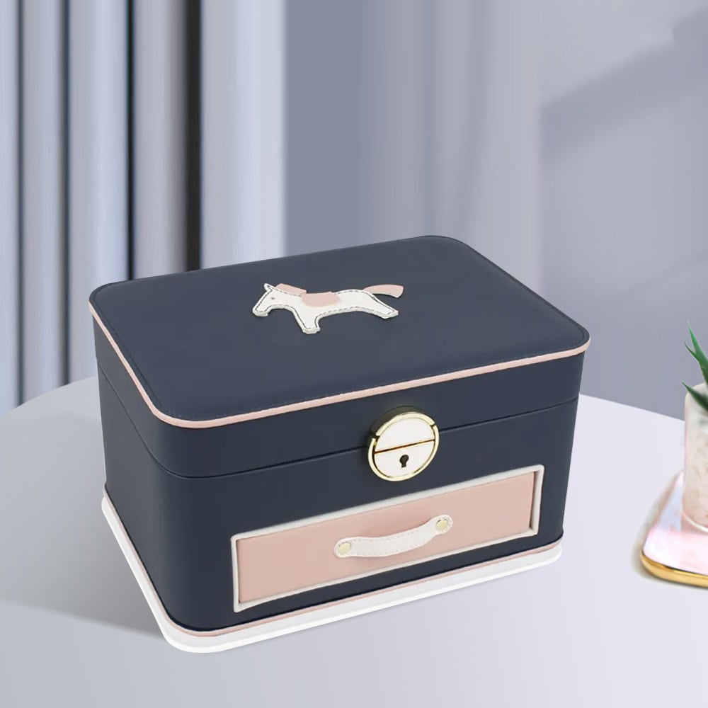 Portable Horse Jewelry Box Necklace Storage Ring Holder with Mirror-Blue window image