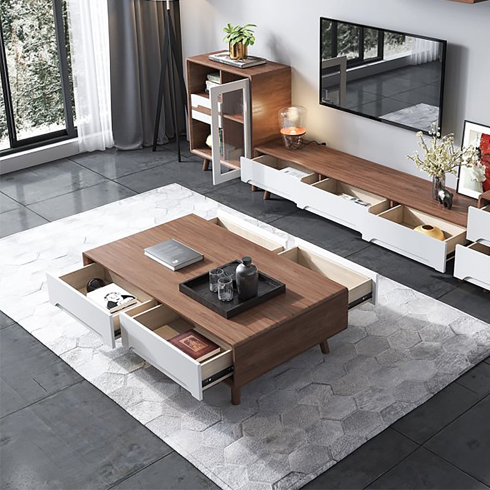 Witte moderne salontafel met laden in eikenhout Vensterafbeelding