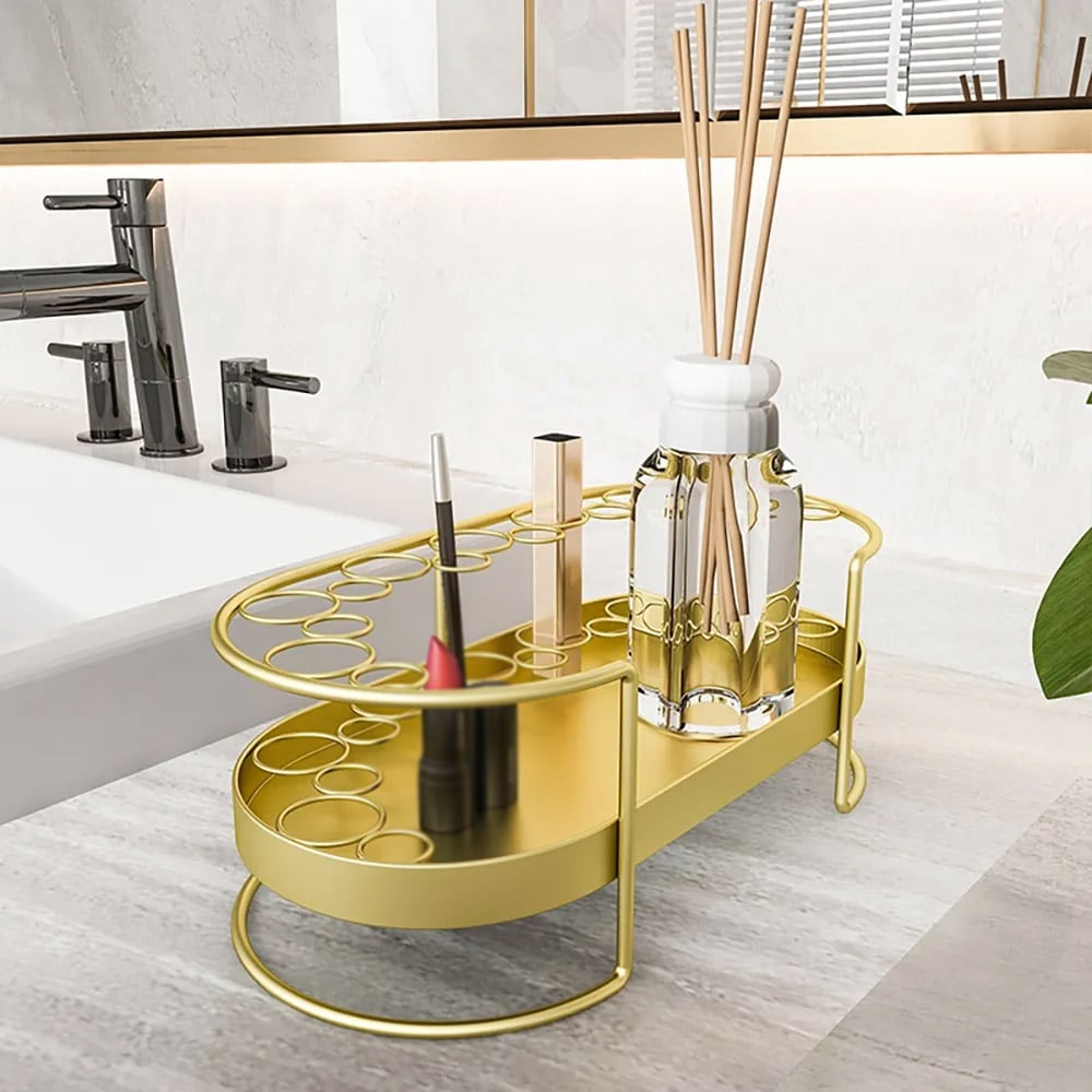 Modern Gold Makeup Oval Desk Organizer Makeup Rack window image