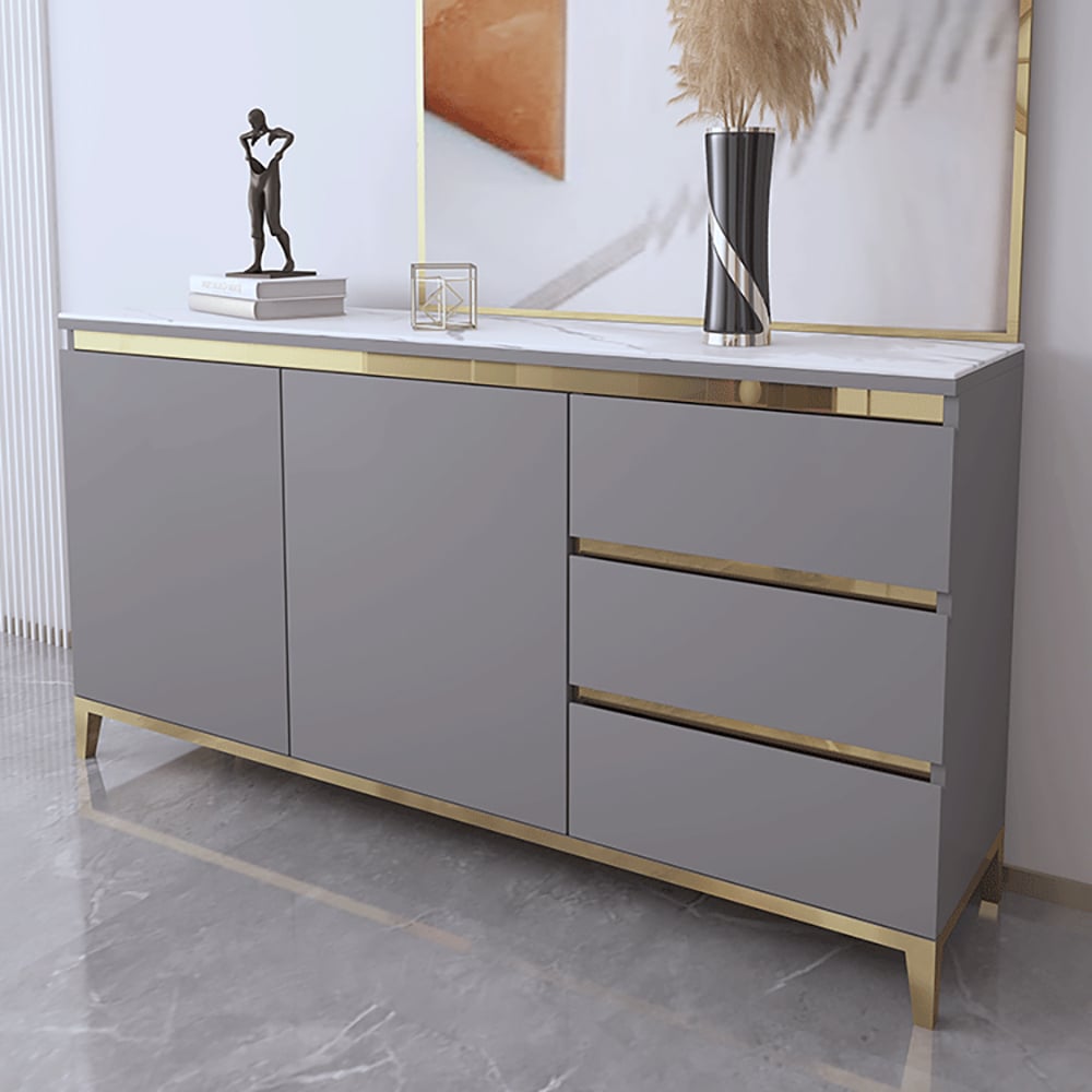 Modern Gray Sideboard Sintered Stone Top Buffet with Storage Gold Finish in Small window image