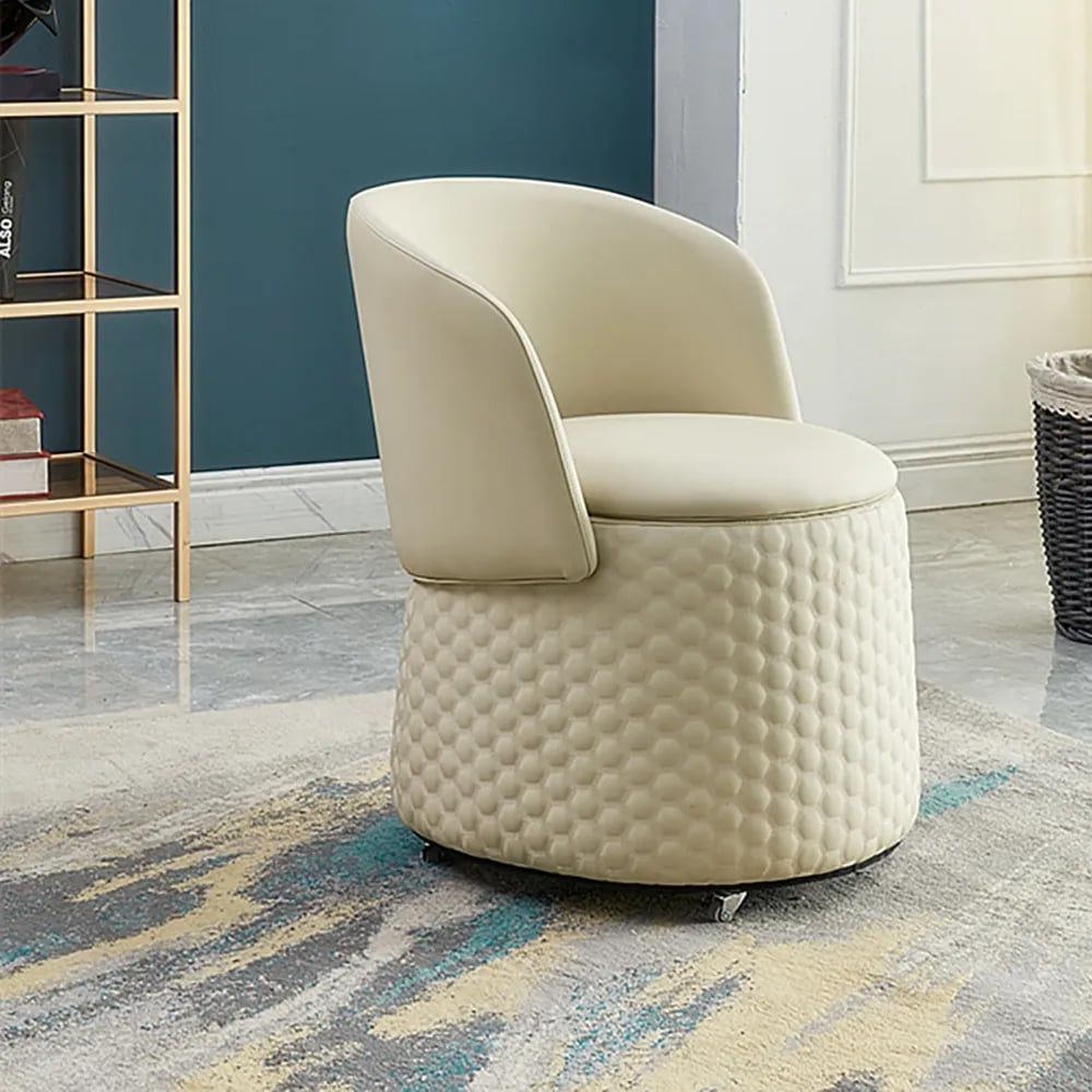 Off White Round Stool  Microfiber Leather Upholstered Ottoman with Swivel Base window image