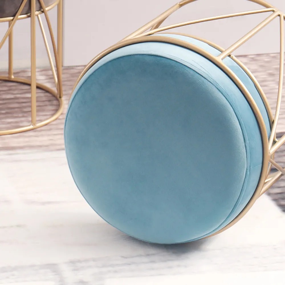 Blue Pouf Ottoman Upholstered Velvet Ottoman Footrest in Gold Finish window image