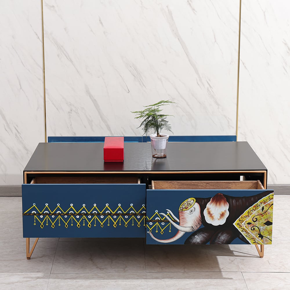 Modern Black Coffee Table with Drawers in MDF & Metal window image