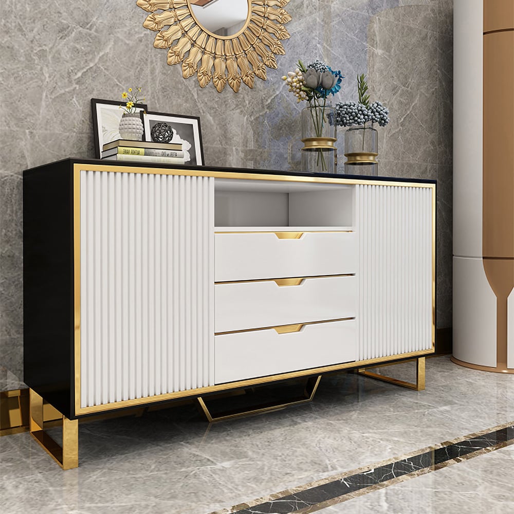 Wit en zwart dressoir Modern buffetdressoirkast 2 deuren en 3 laden in groot Vensterafbeelding