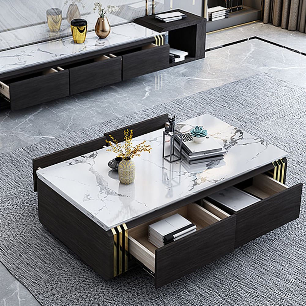 Black Modern Coffee Table with Drawers Marble Top & Wood Frame window image