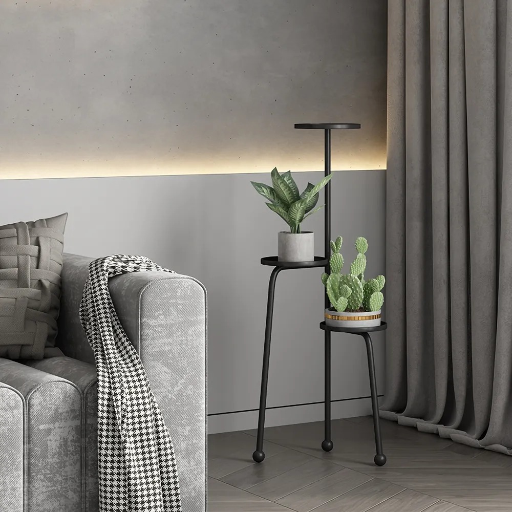 Zwarte kleine ruimte 3-laags hoekvloerstaande plantenbak met 3 plantenbakken Vensterafbeelding