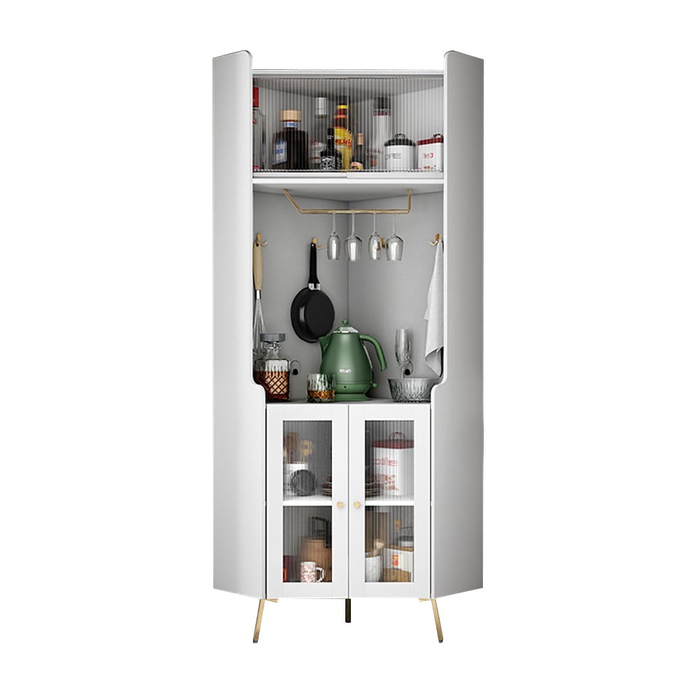 Kitchen Storage Corner Sideboard Standing Shelf with Door Glass Rack-White window image