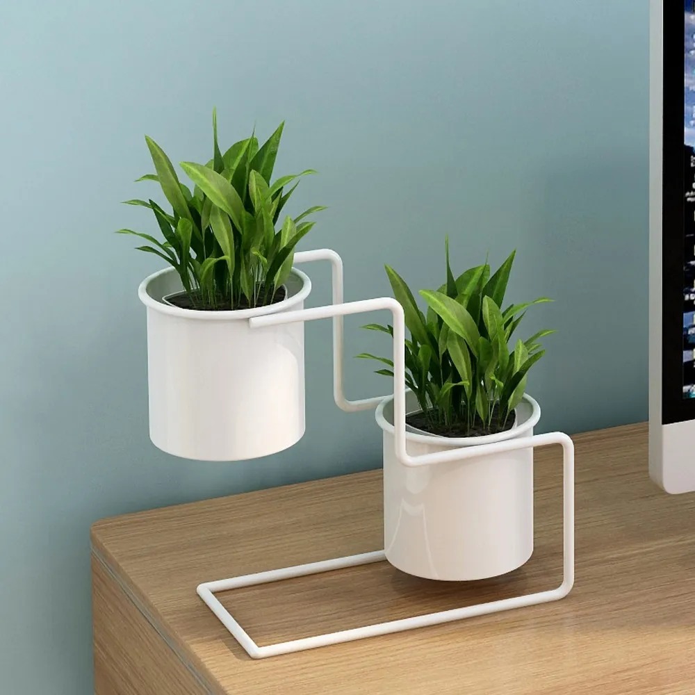 Modern White Small Plant Pots in Metal Set of 2 window image