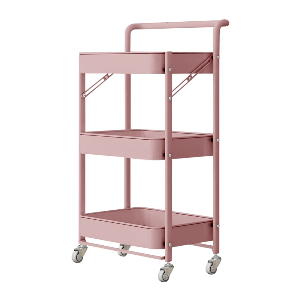 Foldable 3-Tier Bathroom Storage Shelves Rolling Wheels Cart Rack-Pink window image