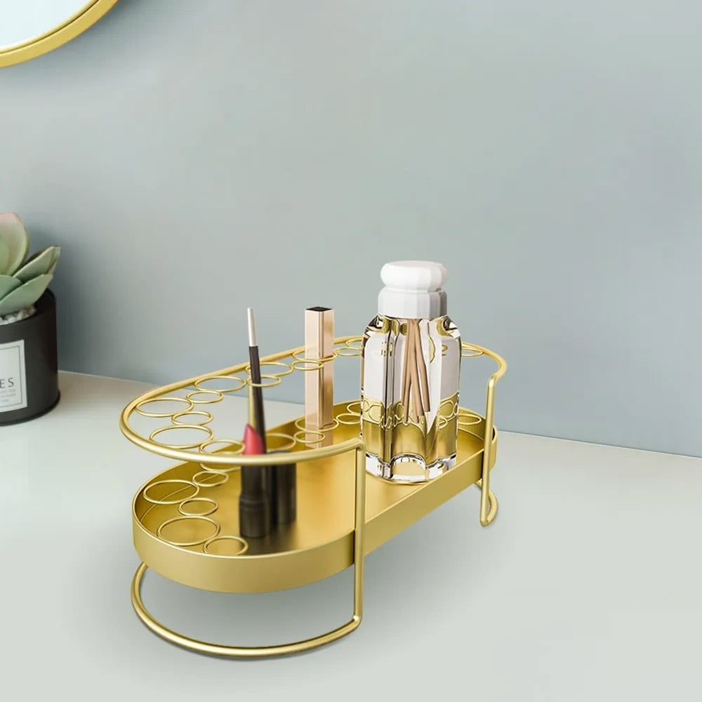 Modern Gold Makeup Oval Desk Organizer Makeup Rack window image
