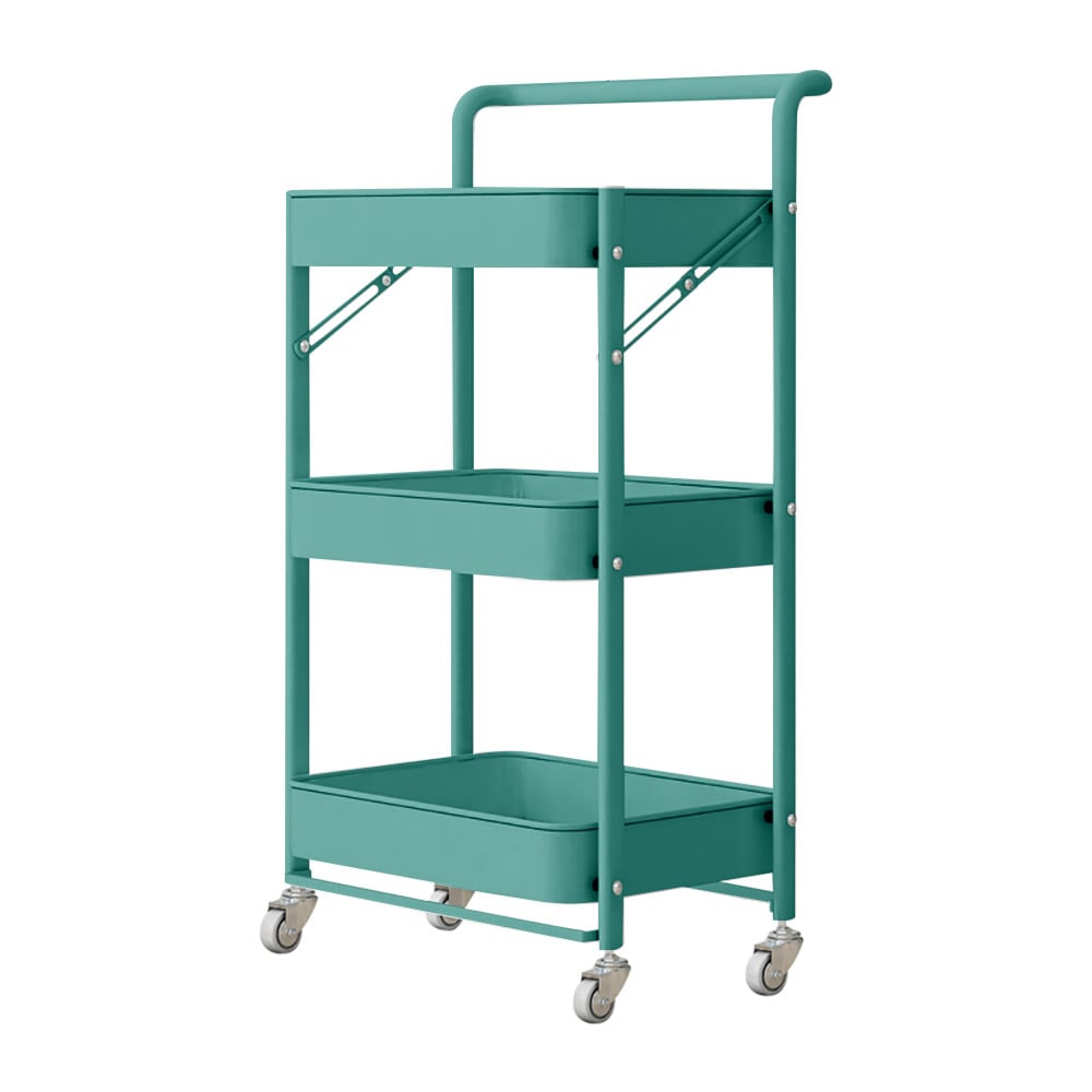 Foldable 3-Tier Bathroom Storage Shelves Rolling Wheels Cart Rack-Green window image