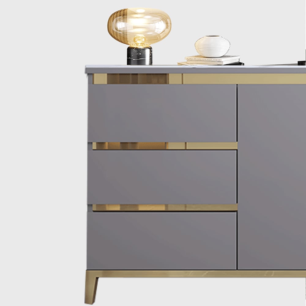 Modern Gray Sideboard Sintered Stone Top Buffet with Storage Gold Finish in Small window image