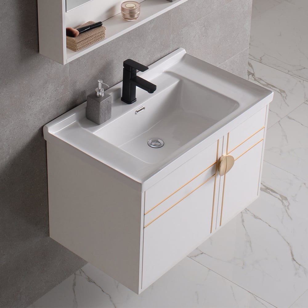 White Floating Bathroom Vanity Wall Mounted 31" Ceramic Single Sink with 2-Door window image