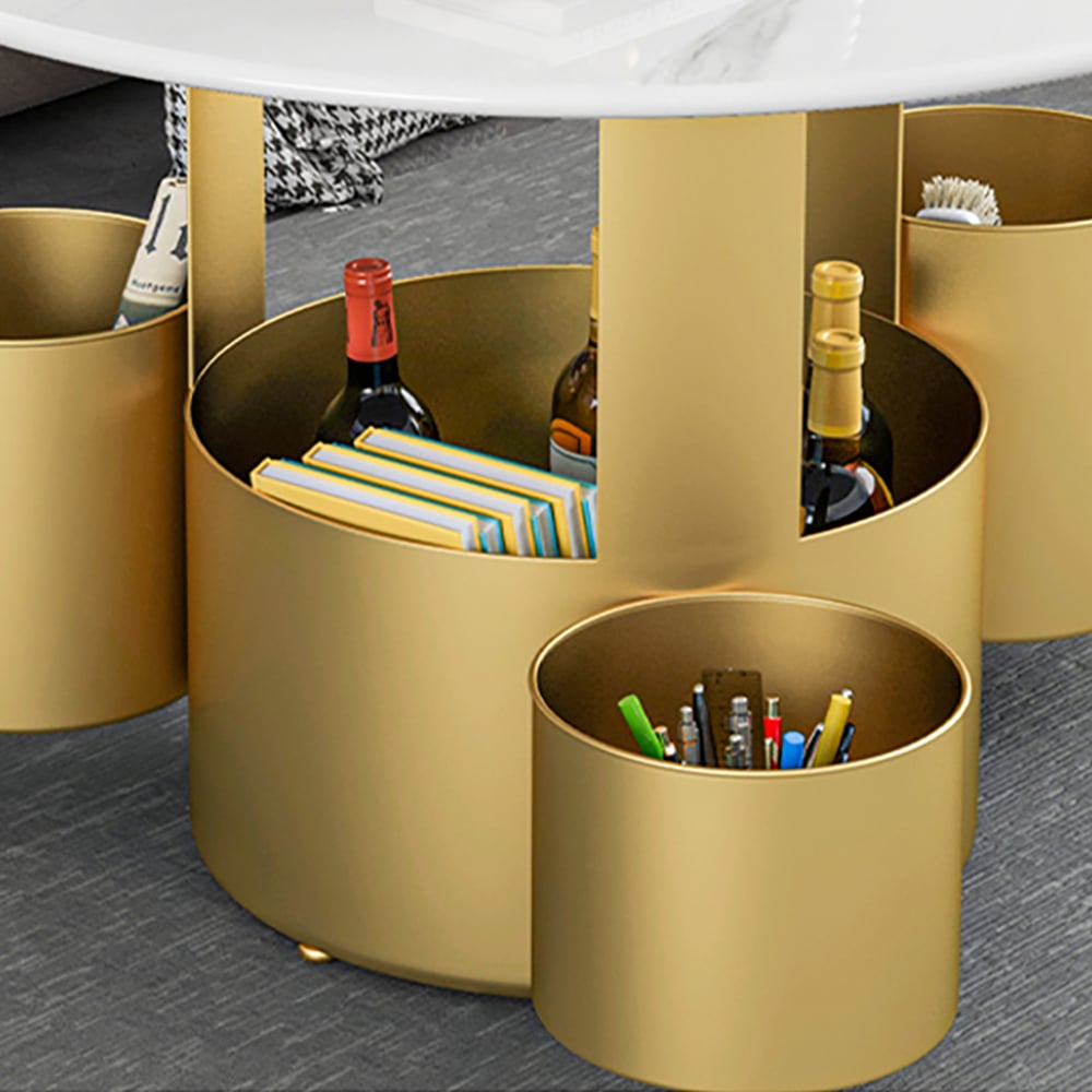Modern Round Coffee Table with Storage Sintered Stone Top & Metal Pedestal in Gold window image
