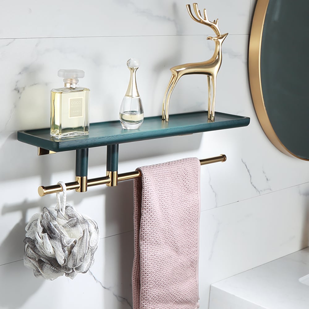 Modern Bathroom Storage Shelf with Brass Towel Rail window image