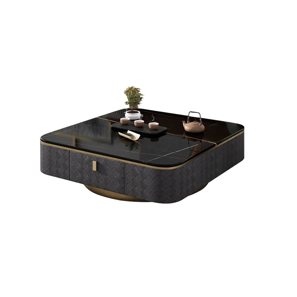 Moderne vierkante salontafel met opbergruimte met gesinterd stenen blad en metalen onderstel Vensterafbeelding