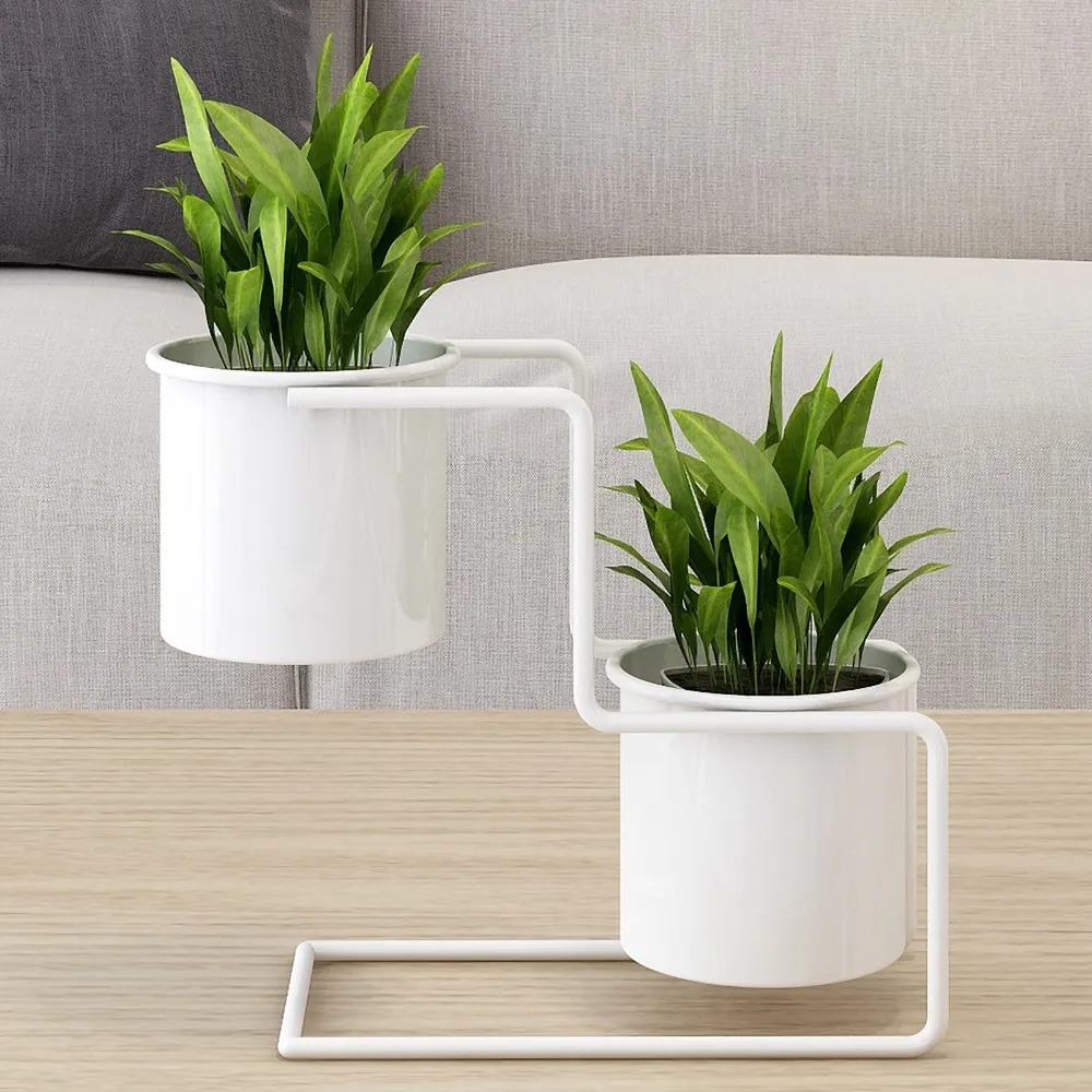 Modern White Small Plant Pots in Metal Set of 2 window image