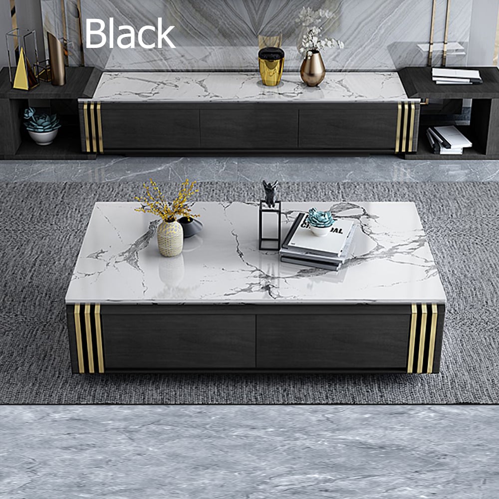 Black Modern Coffee Table with Drawers Marble Top & Wood Frame window image