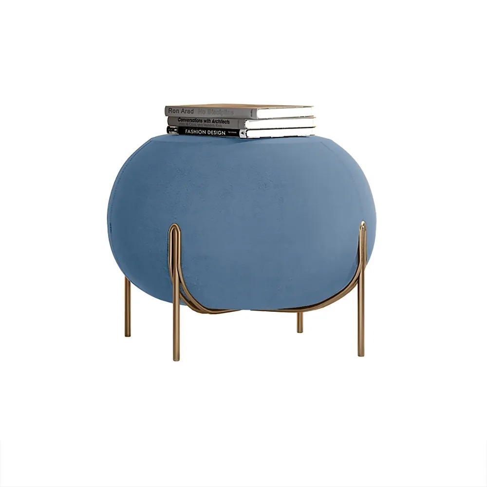 Blauw bolvormig fluweel voetensteun metaal in goud Vensterafbeelding