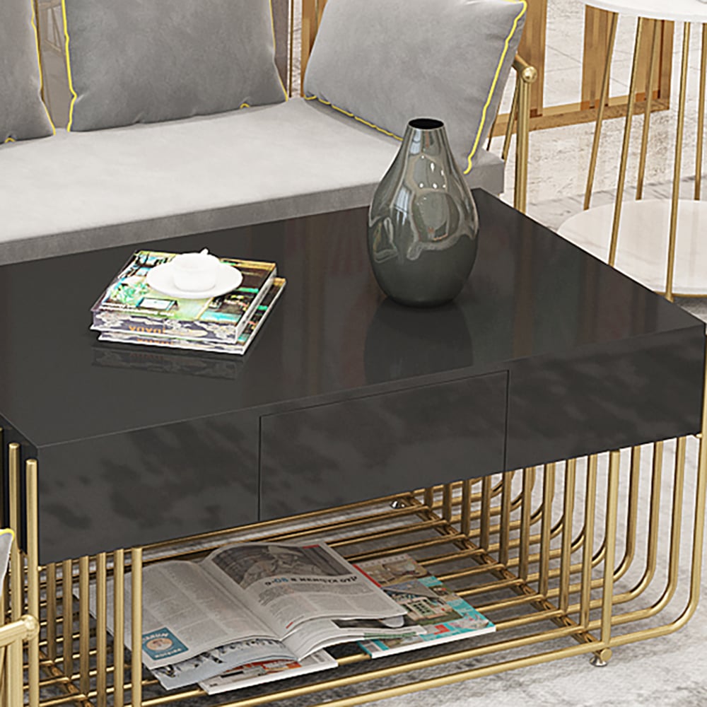 Modern Black Coffee Table with Storage Rectangle MDF Top & Metal Frame window image