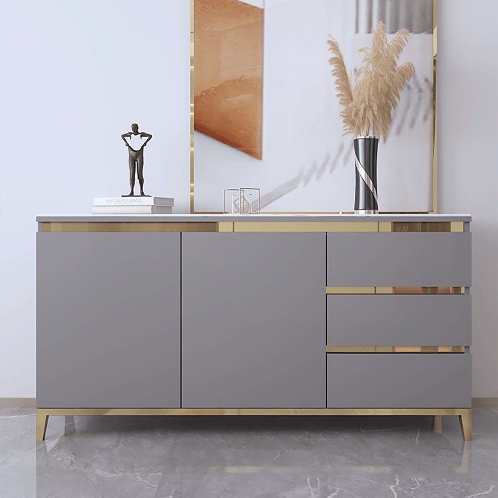 Modern Gray Sideboard Sintered Stone Top Buffet with Storage Gold Finish in Small window image