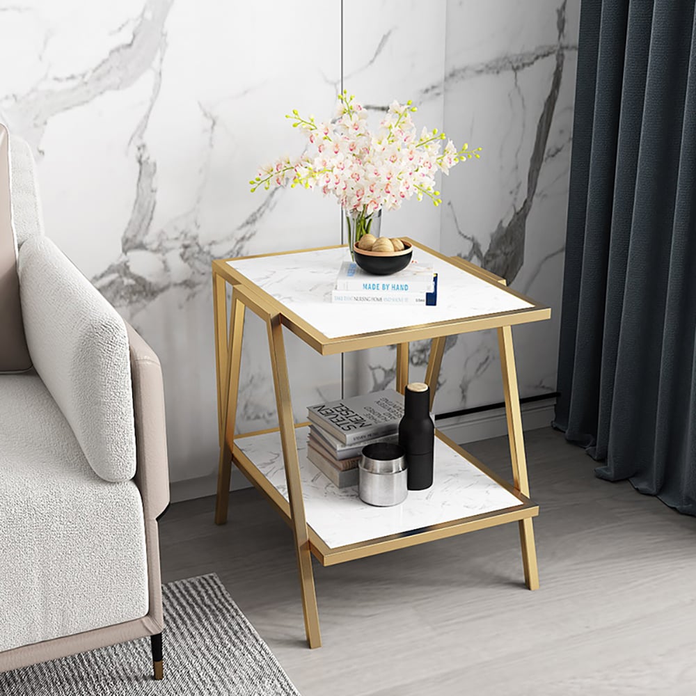 Modern 2-Tiers White End Table with Marble Top & Metal Frame window image