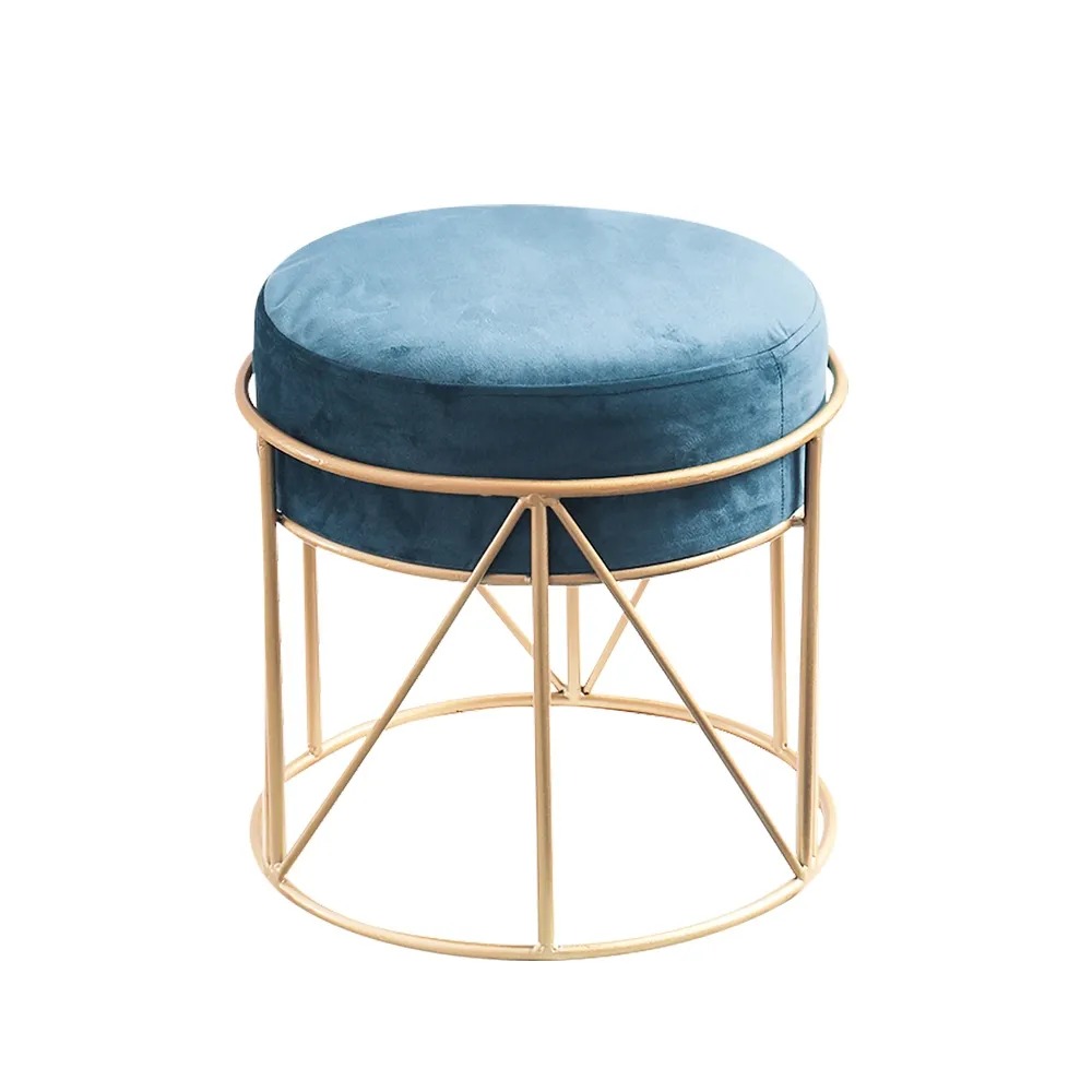 Blue Pouf Ottoman Upholstered Velvet Ottoman Footrest in Gold Finish window image