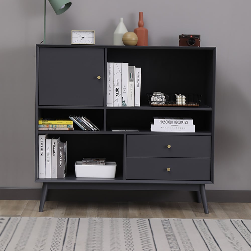 Modern Minimalist Gray Cabinet with Door & Drawers & Shelves in Large window image