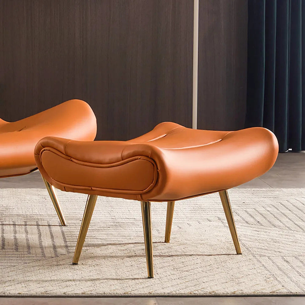 Contemporary Ottoman Footstool Leather Upholstered Gold Metal Legs window image