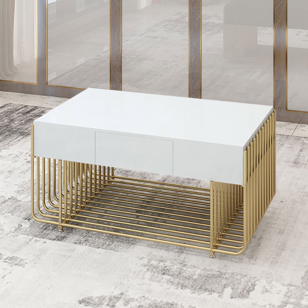 Modern White Coffee Table with Storage Rectangle MDF Top & Metal Frame window image