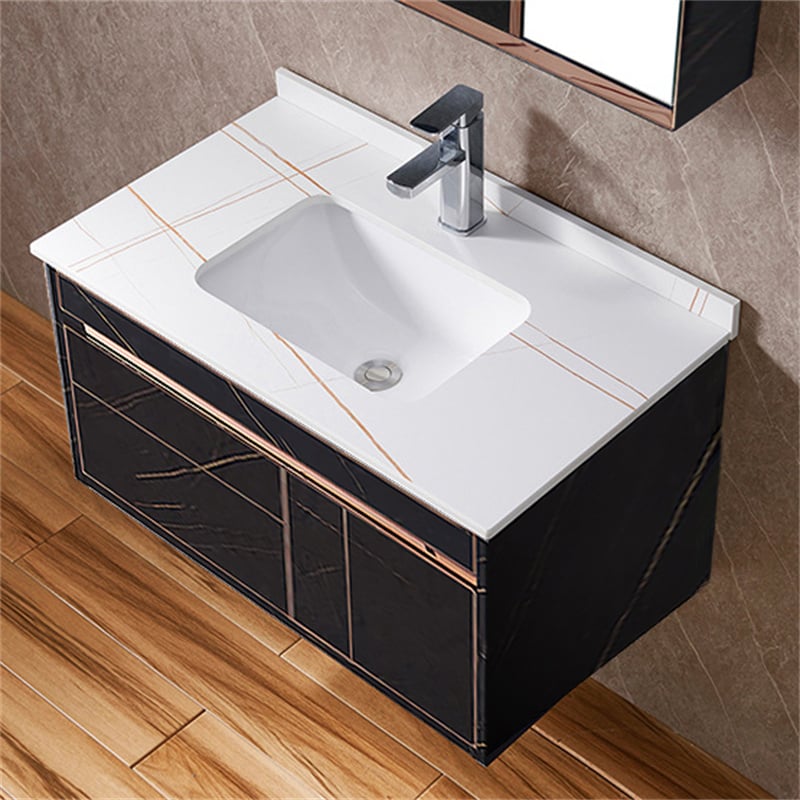 Black Floating Single Sink 31" Bathroom Vanity Set with Medicine Cabinet Sintered Stone window image