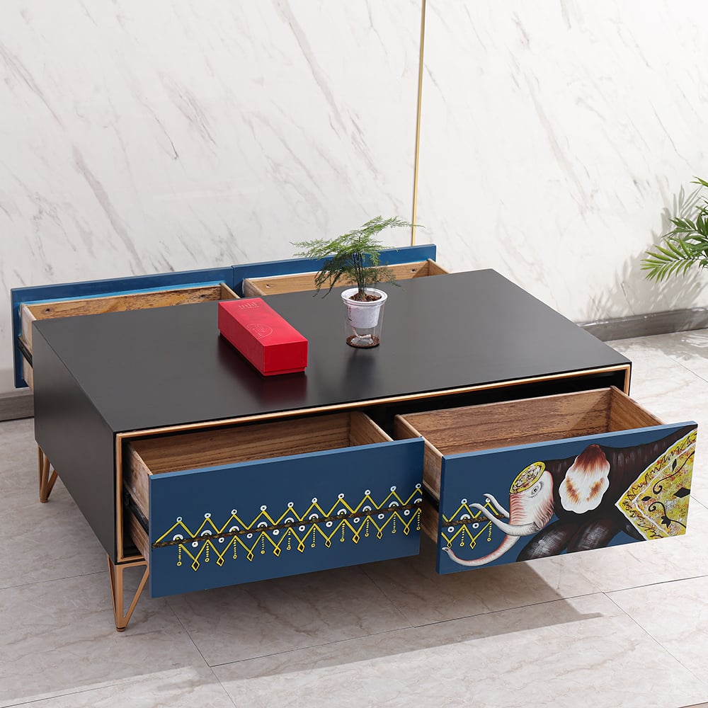 Modern Black Coffee Table with Drawers in MDF & Metal window image