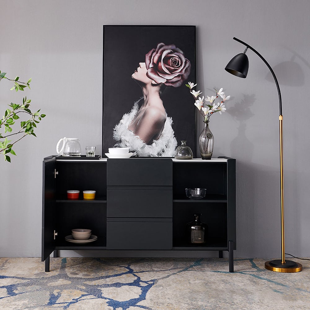 Black Modern Buffet Table Sintered Stone Sideboard Cabinet with Door & Drawers & Shelves window image