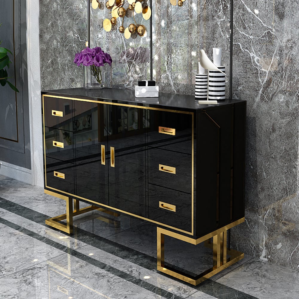 1500mm Modern Black Sideboard Buffet Tempered Glass Top Lacquered Surface Doors Drawers window image