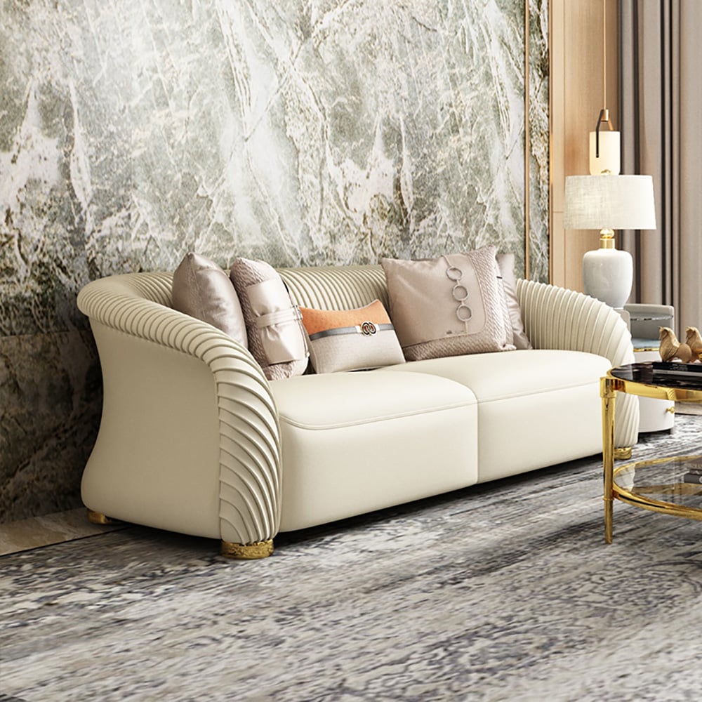 85" Luxury Sofa Nappa Leather Upholstered Sofa 3-Seater Modern Sofa in Cream window image