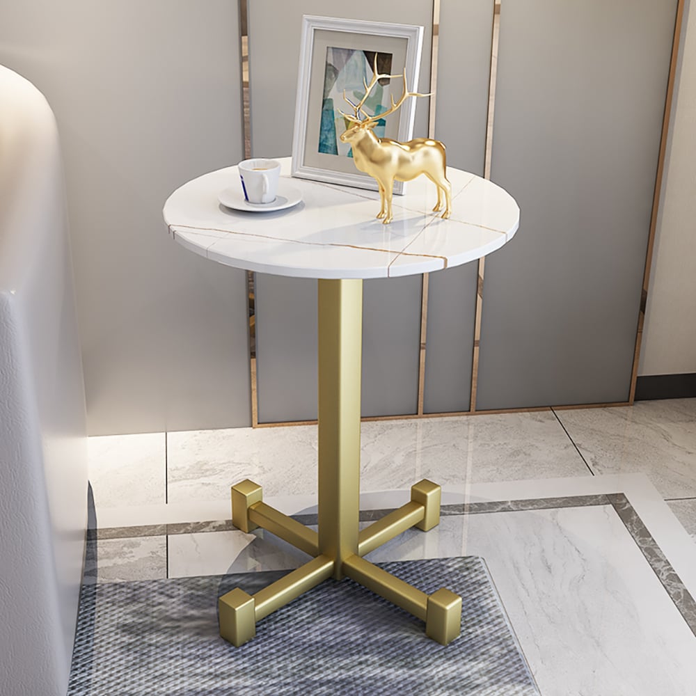 White Modern Round End Table with Sintered Stone Top & Metal Frame｜Homary