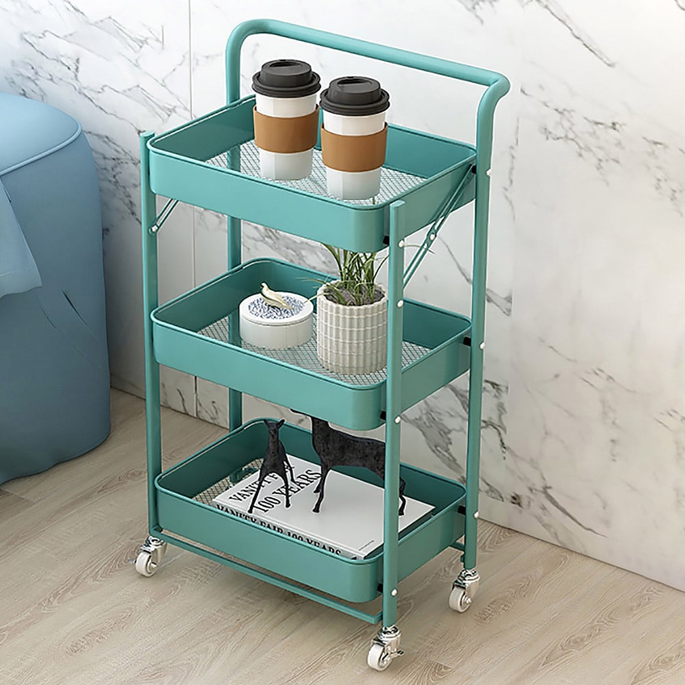 Foldable 3-Tier Bathroom Storage Shelves Rolling Wheels Cart Rack-Green window image