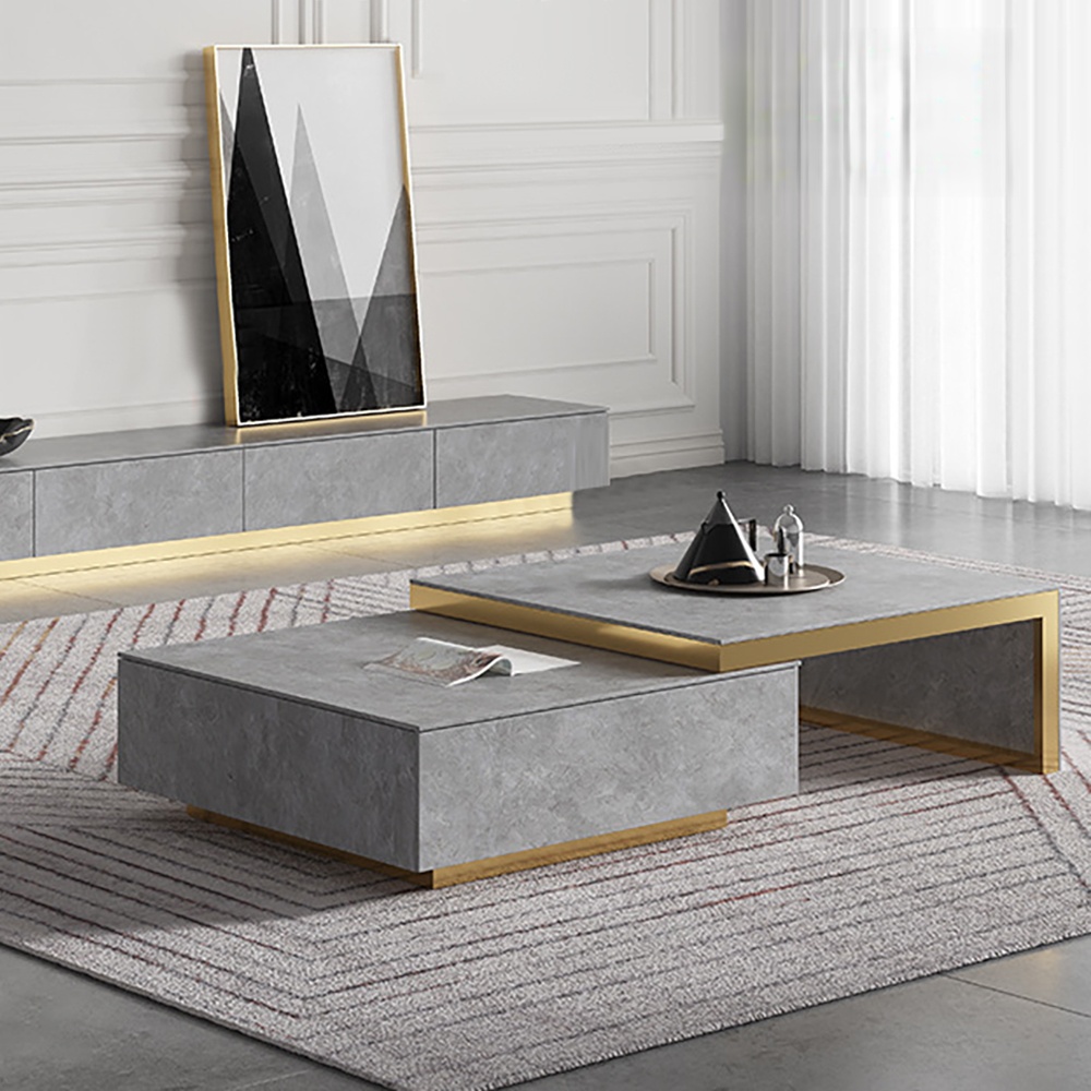 Modern Gray Extendable Coffee Table with Storage in Sintered Stone & Solid Wood window image