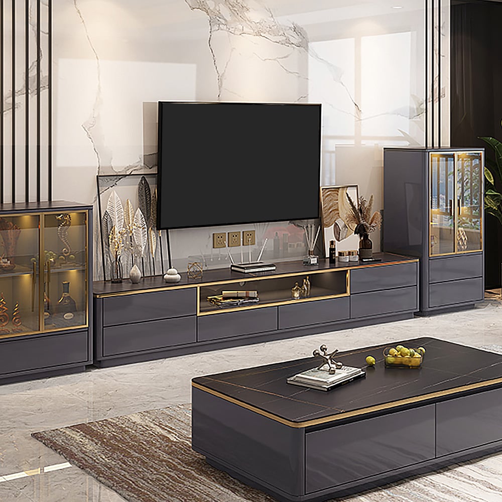 Meuble TV italien noir en faux marbre avec 6 tiroirs image de fenêtre