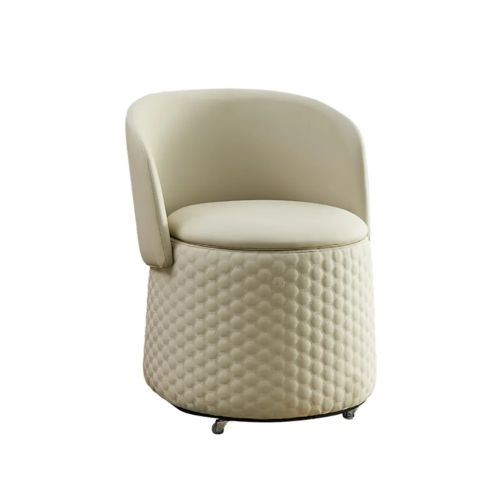 Off White Round Stool  Microfiber Leather Upholstered Ottoman with Swivel Base window image
